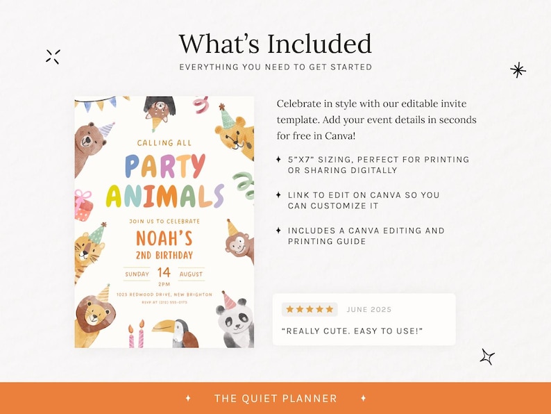 Puede incluir: Plantilla de invitaci&oacute;n colorida para una fiesta de cumplea&ntilde;os infantil. El dise&ntilde;o presenta el texto "Party Animals" con ilustraciones de animales. La invitaci&oacute;n incluye los detalles del evento y mide 12,7 cm x 17,8 cm.
