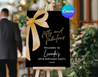 Letrero de bienvenida para 50 cumpleaños, Letrero brillante para fiesta de 50 cumpleaños, Letrero con lazo dorado para 50 cumpleaños, Plantilla de letrero para 50 cumpleaños, Editable