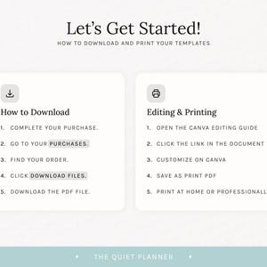 Op de afbeelding: Een digitale gids getiteld "Let's Get Started!" met instructies over het downloaden en afdrukken van sjablonen. De gids bevat stappen voor downloaden en bewerken, met de nadruk op Canva. The Quiet Planner is het merk.