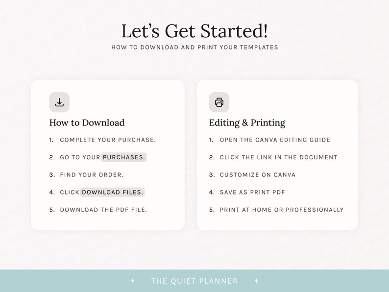 Op de afbeelding: Een digitale gids getiteld "Let's Get Started!" met instructies over het downloaden en afdrukken van sjablonen. De gids bevat stappen voor downloaden en bewerken, met de nadruk op Canva. The Quiet Planner is het merk.