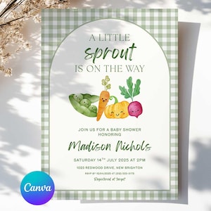 Little Sprout Baby Shower Invite Template, A Little Sprout is on the Way Veggie Baby Shower Invitation, Vegetable Theme, Editable in Canva
