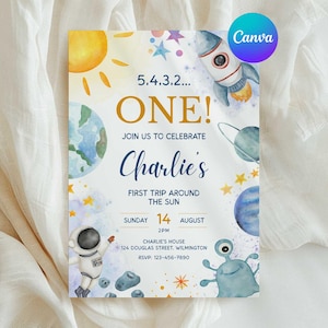 First Trip Around the Sun Birthday Party Invite, Astronaut Space 1st Birthday Invitation, 1st Birthday Boy Outerspace Galaxy Invite, Canva