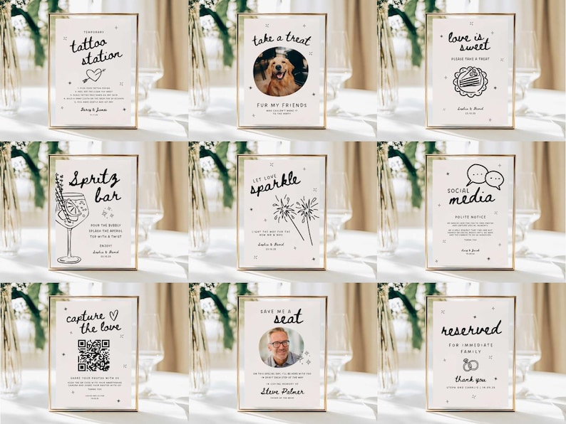 May include: A collection of framed signs with gold borders, featuring various event-themed messages in black script. Messages include "tattoo station," "take a treat," "love is sweet," "Spritz bar," "let love sparkle," "social media," "capture the love," "save me a seat," and "reserved."