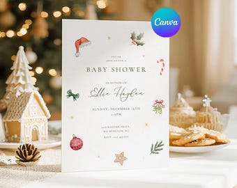 May include: A festive baby shower invitation with Christmas-themed illustrations. The card features a Santa hat, holly, a candy cane, and a Christmas ornament. The text reads "Please join us for a baby shower in honour of Ellie Hayden."