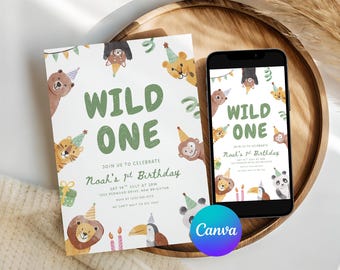 Wild One Safari Birthday Invitation: Jungle Animals, Canva Template (Digital Download