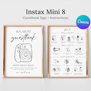 May include: Two framed prints with rose gold borders. The left print says "Polaroid Guestbook" with a camera illustration and instructions. The right print has photo instructions. The text "Instax Mini 8 Guestbook Sign + Instructions" is at the top.
