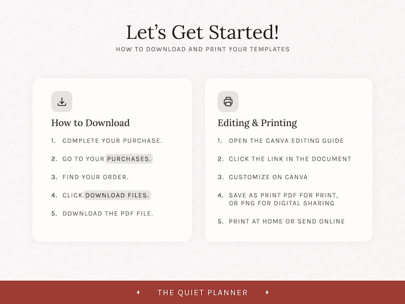 May include: A digital template guide with instructions on how to download and print templates. The text includes steps for downloading and editing, with a section on printing options. The design is minimalist with a neutral color palette.