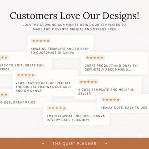 May include: Image featuring customer reviews for digital templates. Text includes phrases like "Amazing template," "Easy to edit," and "Great product." The design is clean with a neutral color palette and star ratings.