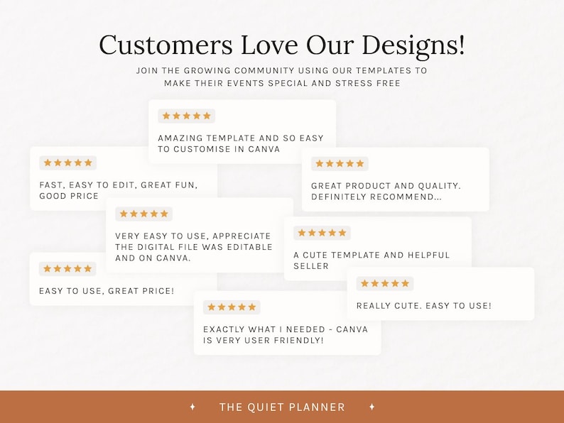 May include: Image featuring customer reviews for digital templates. Text includes phrases like "Amazing template," "Easy to edit," and "Great product." The design is clean with a neutral color palette and star ratings.