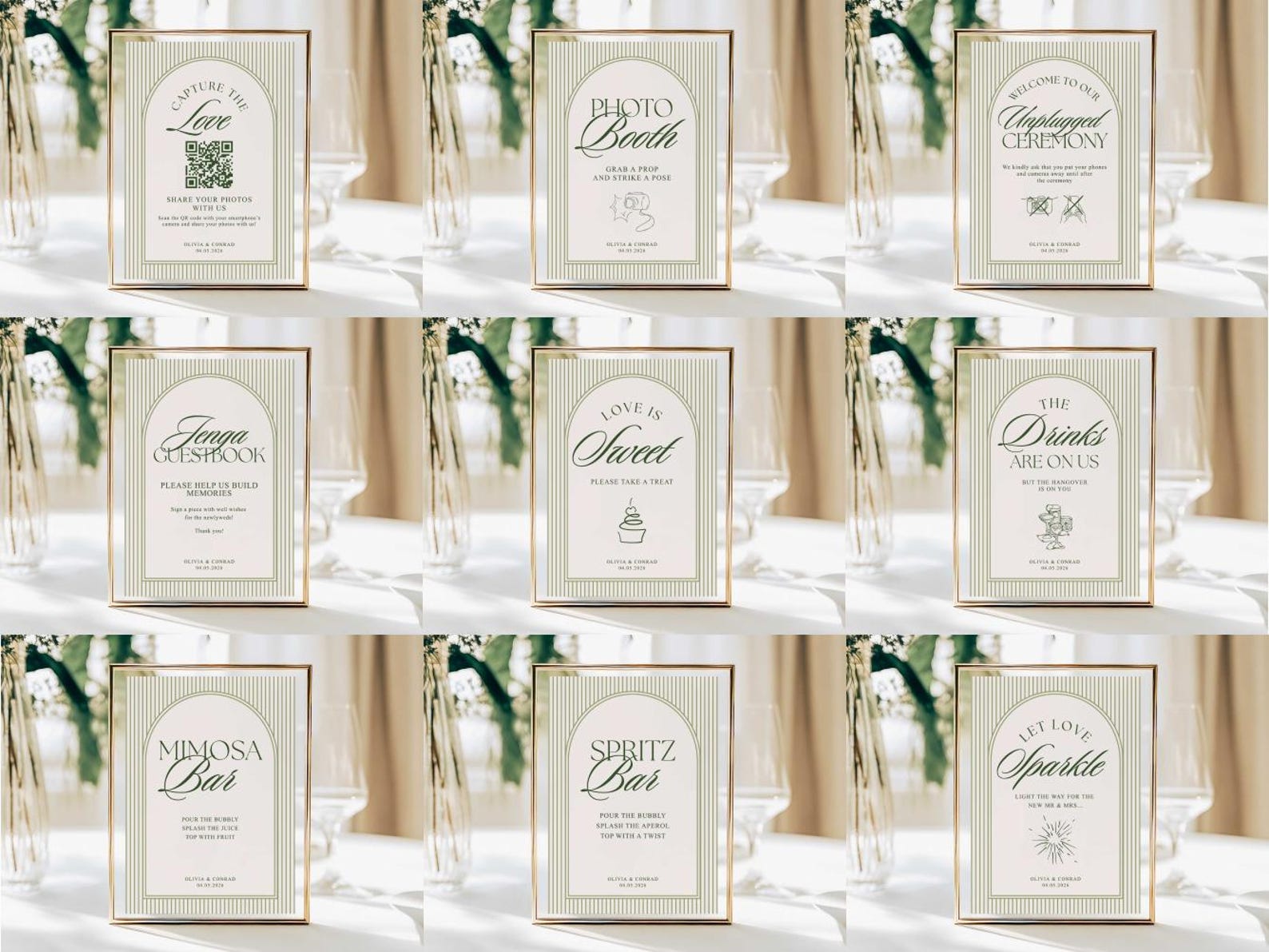 Table Signs Editable Green Striped Wedding Table Sign Bundle, Editable Retro Vintage Wedding ...