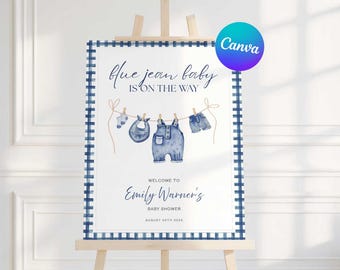 Blue Jean Baby Shower Welcome Sign: Rustic Denim Decor (Editable in Canva, Digital Download)
