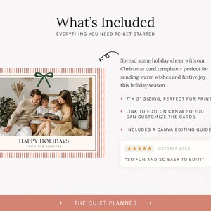 May include: A holiday card template with a family photo inside a red and white striped border, topped with a green bow. The text reads "Happy Holidays" and "From The Sawyers". Includes a Canva editing guide.