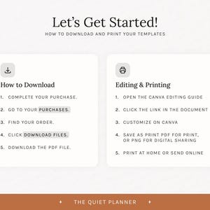 May include: A digital guide titled "Let's Get Started!" with instructions on downloading and printing templates. The guide is divided into two sections: "How to Download" and "Editing & Printing", with numbered steps for each process.