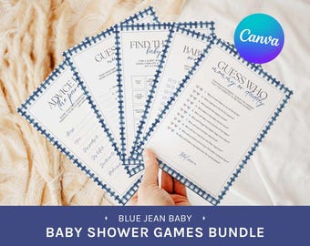 Paket med babyshower-spel i blå jeansstil, rustika babyshower-spelmallar i sydstatsstil med denimmotiv, utskrivbara babyshower-spel i blå jeansstil, redigera i Canva