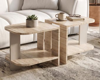 Modularer Travertin-Konsolentisch mit Ablage – Moderne Designkonsole mit abgerundeten Ecken