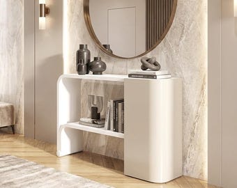 Consola minimalista lacada: mueble de almacenamiento escultural de madera hecho a mano para interiores refinados.