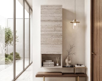 Armario de pared flotante - Mueble de almacenamiento minimalista con aspecto de travertino, mueble de madera hecho a mano para el hogar moderno.