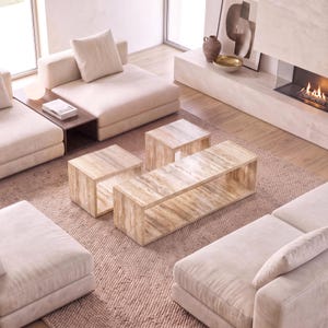 Travertine Look Coffee Table with Wheels - Narrow Minimalist Modern Living Room Furniture Center Piece