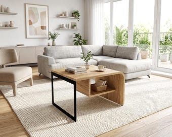 Modern Curved Coffee Table Oak Look with Metal Legs Open Shelf Living Room Furniture