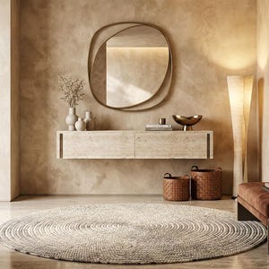 May include: A neutral-toned interior scene featuring a large, round jute rug. A gold-framed mirror hangs above a floating cabinet. Woven baskets and a floor lamp add to the room's warm, inviting aesthetic. Decorative vases and a small bowl are on the cabinet.