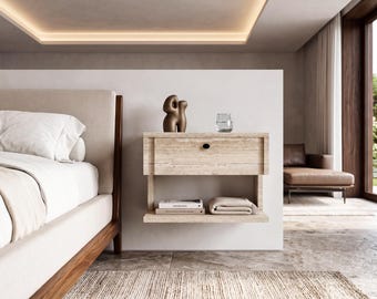 Floating Nightstand with Drawer & Shelf | Travertine Look Minimalist Bedroom Storage Furniture