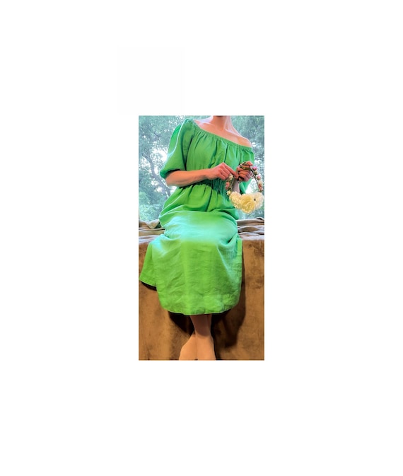 Crayon Green Linen Off-the-Shoulder Maxi Dress