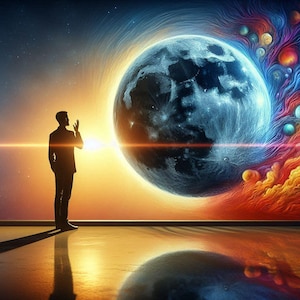 The World Within Reach- &quot;Surreal Cosmic Artwork - Man and Planet Digital Print - Abstract Universe Wall Art&quot;