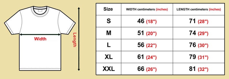 Puede incluir: Tabla de tallas para una camiseta con medidas en pulgadas y cent&iacute;metros. La tabla muestra el ancho y la longitud de la camiseta en diferentes tallas: S, M, L, XL y XXL.