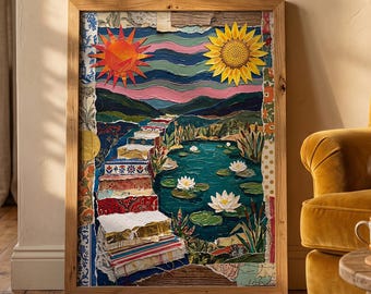 Mixed Media Landscape Collage Art Print, Bohemian Sunflower Water Lily Poster (Digital Download)