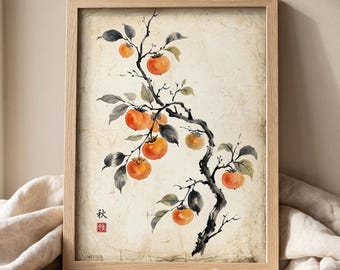 May include: A framed wall art print featuring a sumi-e style ink wash painting of a persimmon branch with orange fruit and dark gray leaves on a textured cream background. The artwork includes the Japanese kanji character for autumn in black ink.