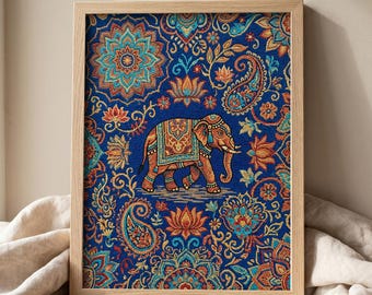 May include: A rectangular framed wall art piece featuring a vibrant blue background with a repeating pattern of orange and teal lotus flowers, paisley shapes, and mandalas, centered with a detailed illustration of a walking elephant.