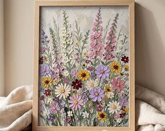 May include: A framed oil painting featuring a textured impasto floral arrangement with tall pink and white foxgloves, yellow daisies, and purple wildflowers. The artwork displays thick, raised paint strokes on a neutral, off-white background.
