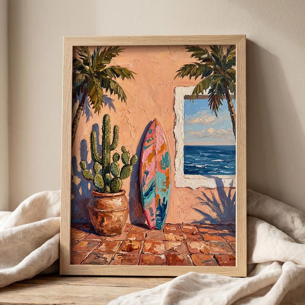 Ölgemälde „Surfbrett-Kaktus“ (Impasto) | Tropische Küsten- und Terrassenwandkunst (Digitaler Download)