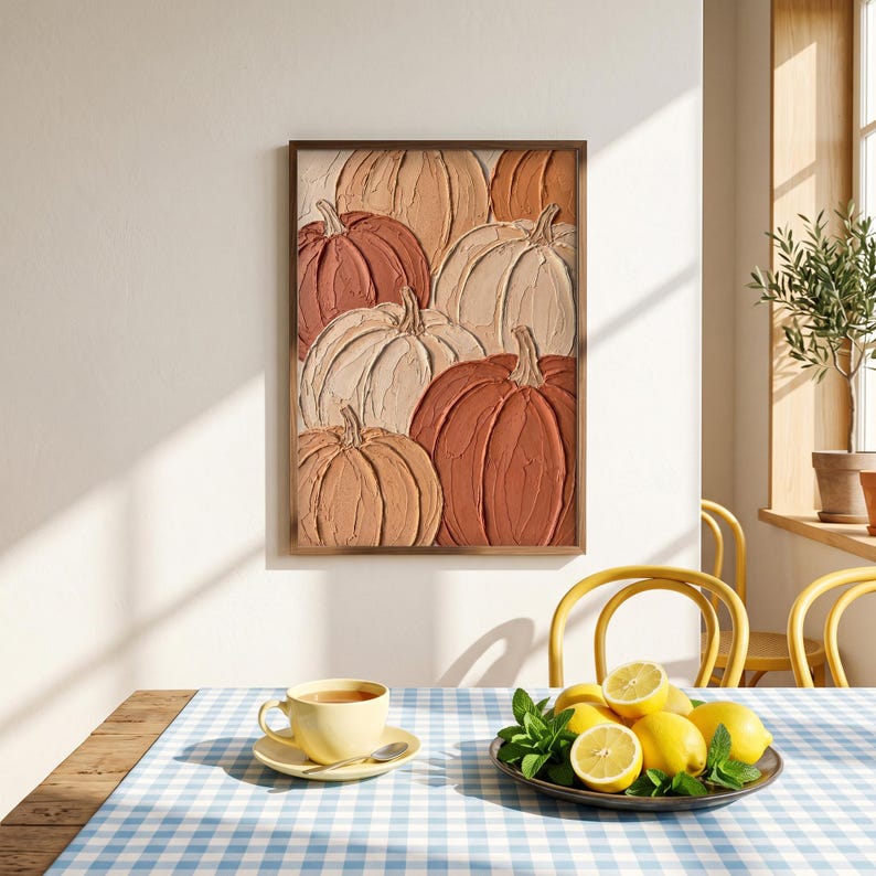 May include: A framed wall art piece featuring a textured impasto painting of multiple pumpkins in shades of terracotta, cream, and beige. The artwork displays thick, visible brushstrokes creating a three-dimensional effect on the surface.