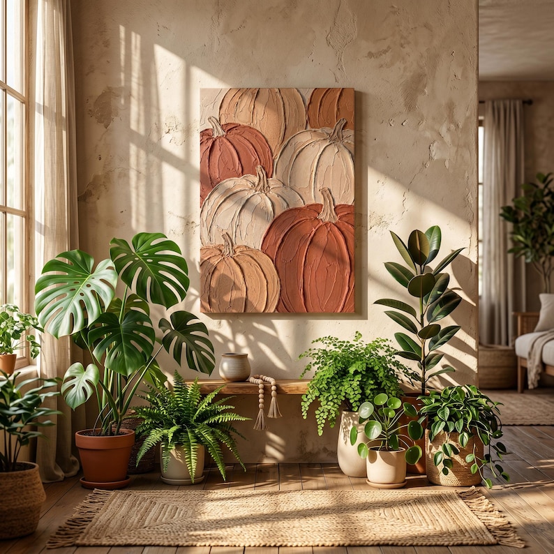 May include: A rectangular wall art piece featuring a textured, impasto-style painting of multiple pumpkins in shades of terracotta, beige, and cream. The artwork is displayed on a light-colored wall above a wooden bench and several potted plants.