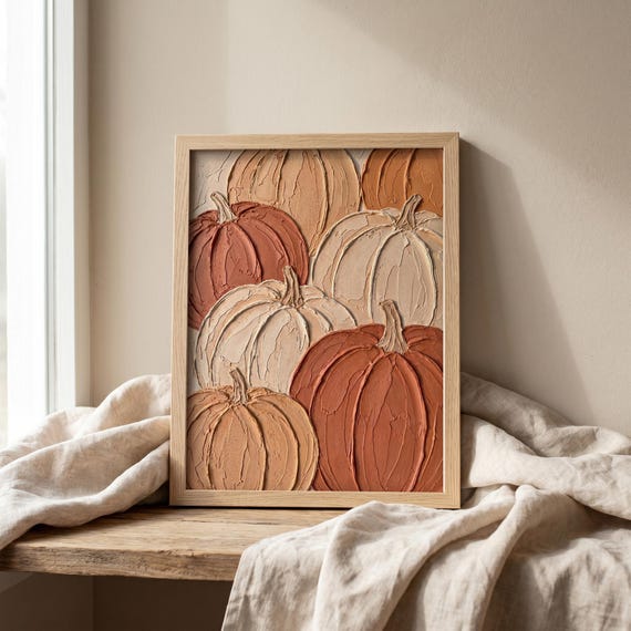 Textured Pumpkin Canvas Wall Art | Impasto Fall Living Room Decor | Autumn Digital Download Print