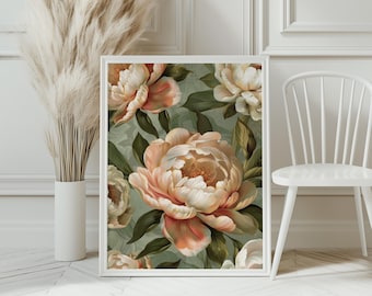Impressão artística vintage de peônias, estilo Chinoiserie floral, decoração de fazenda (download digital)