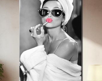 Audrey Hepburn Pink Lipstick Canvas Print , 1950s Cultural Icons Wall Art, Posters, Prints, Pictures, and Home Decor