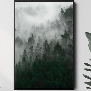 Misty Mountain Canvas Art, Pacific Northwest Foggy Trees Artwork, Tranquil Haze of Greens Blues and Greys