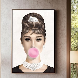 Audrey Hepburn Bubble Gum Print, Woman Poster, Famous Canvas Art, Trendy Printed, Audrey Hepburn Art, Pink Bubble Gum Art, Fashion Art,