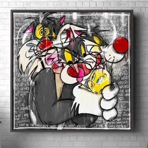 Arte urbano de Tweety y Silvestre, lienzo de arte pop de Silvestre, arte callejero de dibujos animados llamativos para la decoración del hogar o la oficina