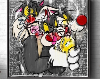 Tweety and Sylvester Urban Art, Pop Art Sylvester Canvas Wall Art, Bold Cartoon Street Art for Home or Office Decor