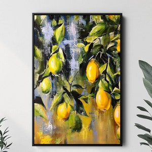 Original Lemon Abstract Oil Painting Canvas Unique Blue Yellow Fruit Kitchen Wall Art Lemon Tree Print Lemon Gift