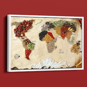 Puede incluir: Una obra de arte enmarcada que representa un mapa del mundo hecho con especias. Los continentes están delineados con diferentes especias, con etiquetas como "USA", "Mexico" y "China". El mapa está sobre un fondo de estilo pergamino, enmarcado en blanco y exhibido sobre un fondo rojo.
