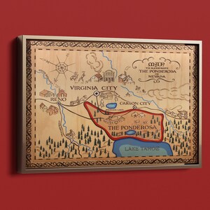 Poster de carte de Ponderosa, carte de la Ponderosa, art de toile de carte de Bonanza, affiche d'impression de Ponderosa Nevada, famille de Cartwright, décor de ferme
