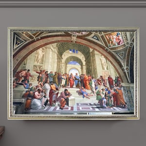 May include: A framed print of a Renaissance fresco, showing a gathering of figures in a grand architectural setting. The artwork features many people in various poses and colourful garments, set against a backdrop of arches and columns. The frame is silver.