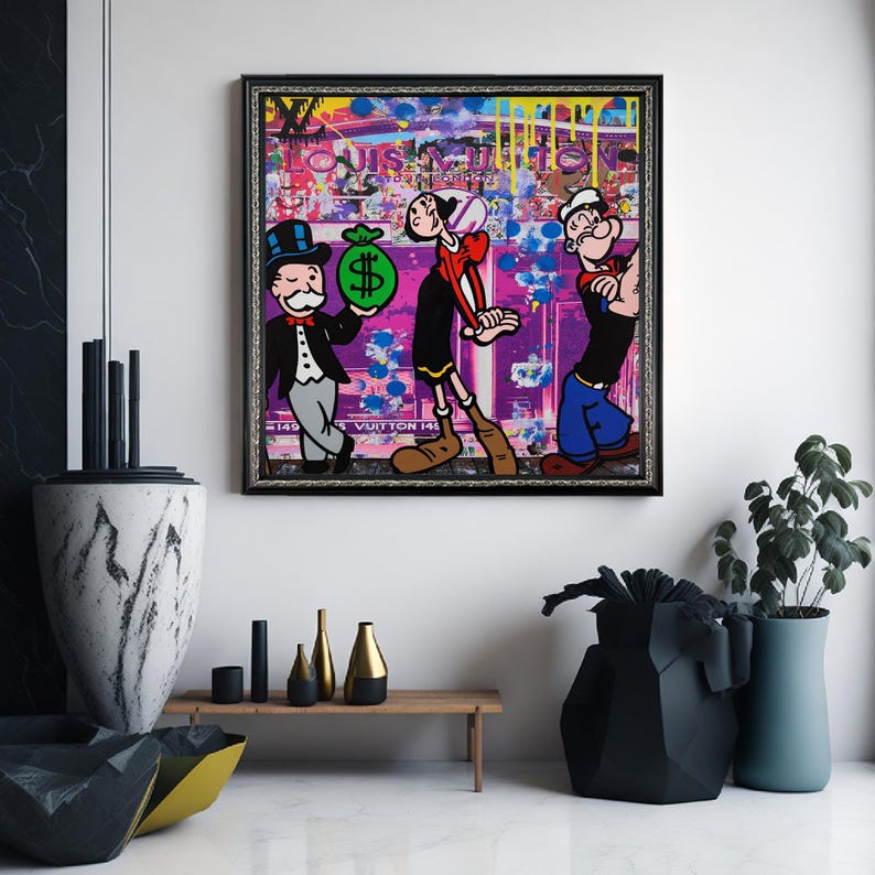 Popeye and Monopoly Pop Art Canvas Wall Art, Bold Banksy Graffiti Style ...