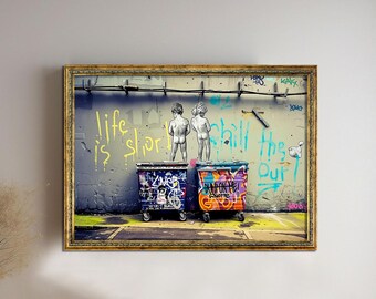Banksy Life Is Short, Banksy Canvas, Banksy Two Boys, Wall Art Canvas, Street Art Print, Graffiti Painting, Urban Art, Graffiti Wall Decor