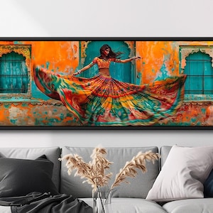 Beautiful Indian Woman Dancing Canvas Print, Rajasthan Painting, Large India Wall Art, Rajasthan Lady Artwork, Framed & Ready to Hang
