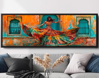 Canvas Print prachtige Indiase vrouw dansen, schilderij Rajasthan, grote India Wall Art, Rajasthan Lady Artwork, ingelijst en klaar om op te hangen